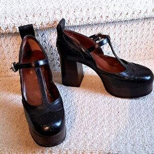 See by Chloe Ariia woodblock leather brogue mary jane platform pumps.  t strap.